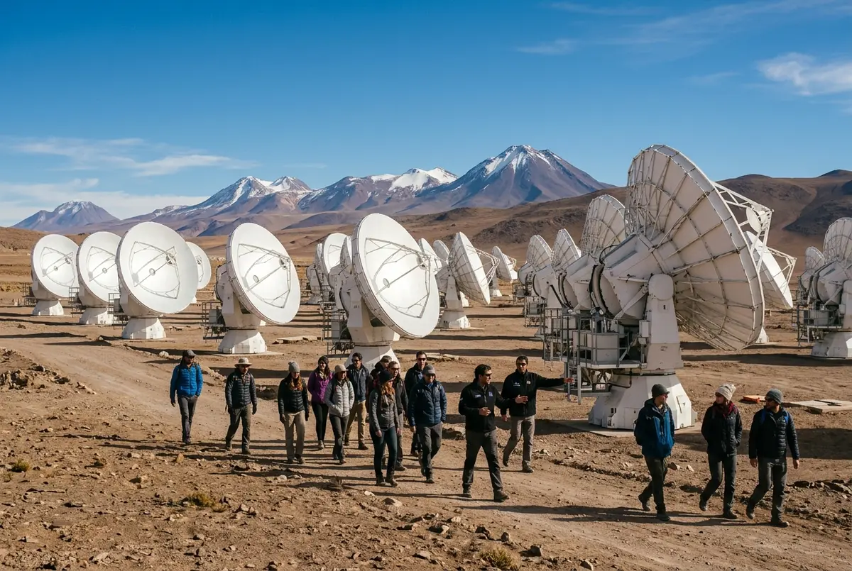 Rows of large white radio telescope dishes spread across the dry Atacama plateau under a bright blue daytime sky, atacama observatory tour scene
