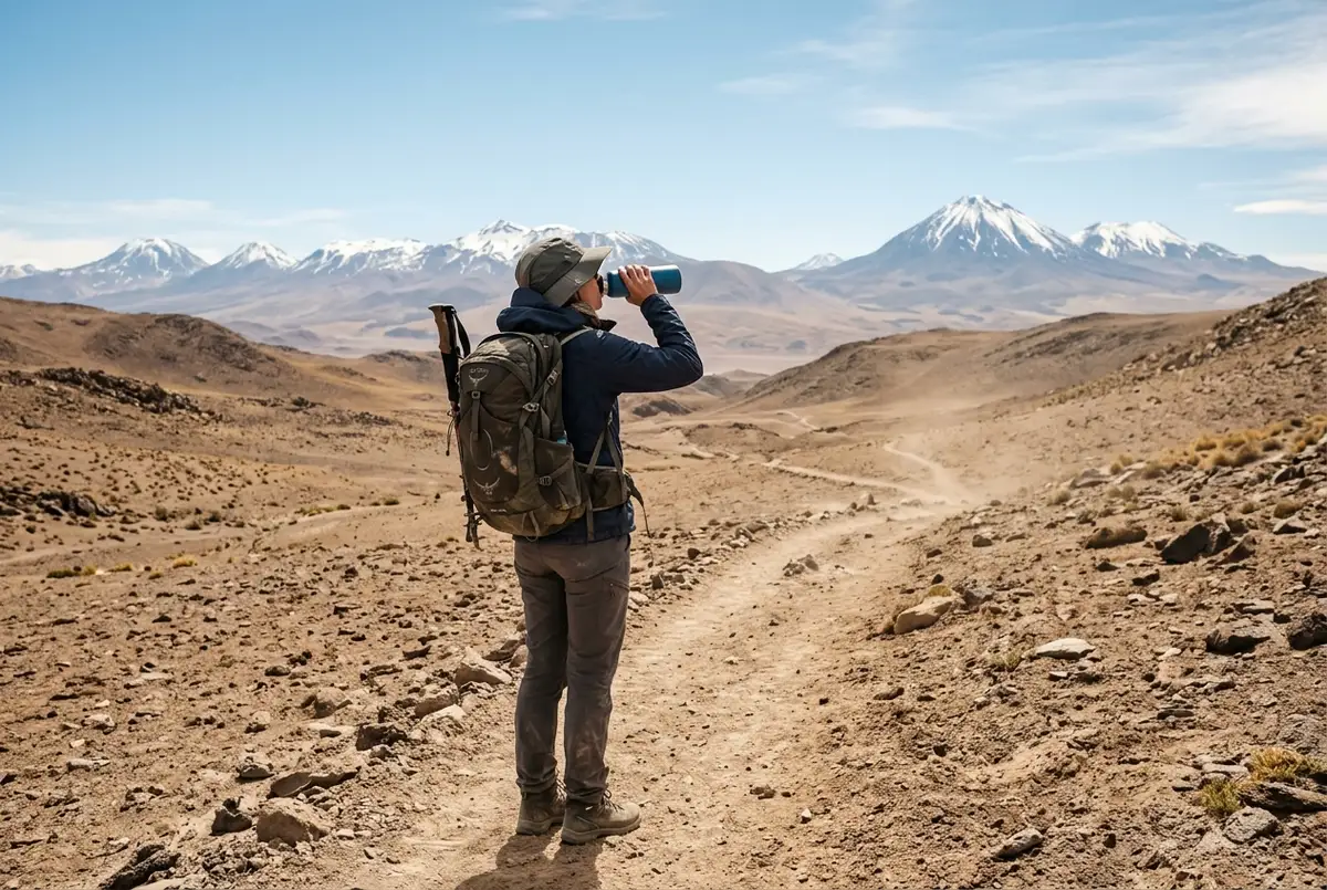 Traveler pausing to drink water on a dusty highland trail with distant snow-capped volcanoes, bright thin desert air, altitude sickness san pedro de atacama acclimatization scene