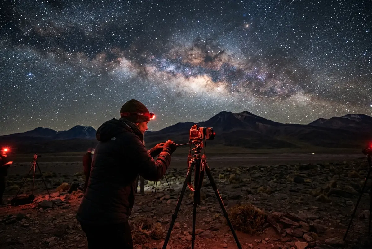 Photographer with a camera on a tripod capturing a long exposure of the Milky Way over the Atacama desert, red headlamp light, atacama astrophotography tour scene