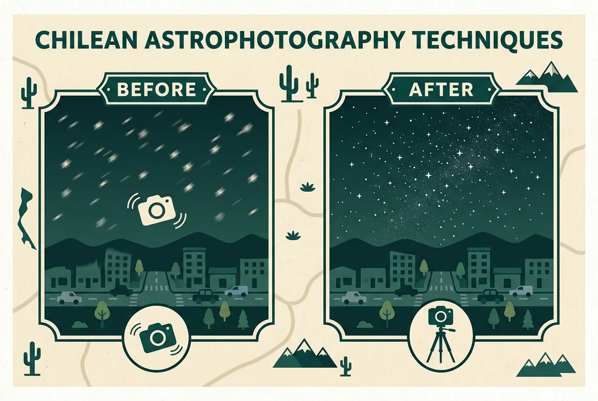 Simple before and after style infographic comparing a blurry handheld night photo icon against a sharp tripod mounted long exposure photo icon of a starry sky, flat design, generic labels only, atacama astrophotography tour technique