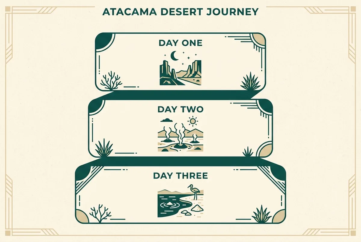 Simple infographic style graphic showing three stacked day blocks labeled day one, day two and day three, each with a small icon for a different Atacama excursion, flat design, generic labels only, atacama desert itinerary planning infographic