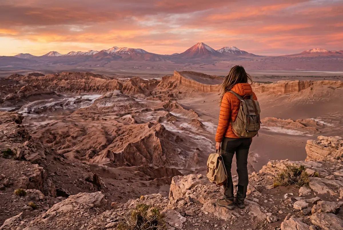 Traveler standing at a desert overlook at sunset, dramatic red and salt rock formations stretching toward distant volcanoes, San Pedro de Atacama travel guide scene