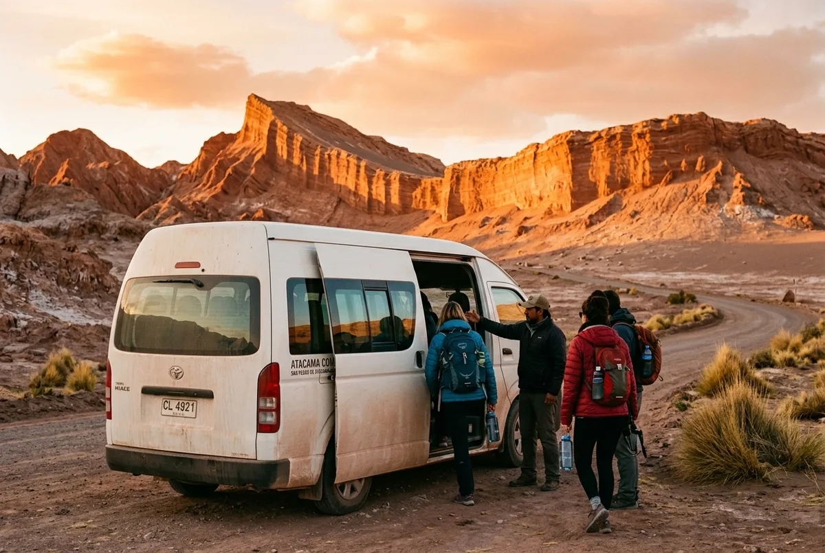 Small group boarding a van at golden hour in front of desert rock formations with a daypack and water bottles visible, Atacama combo tour packages departure scene