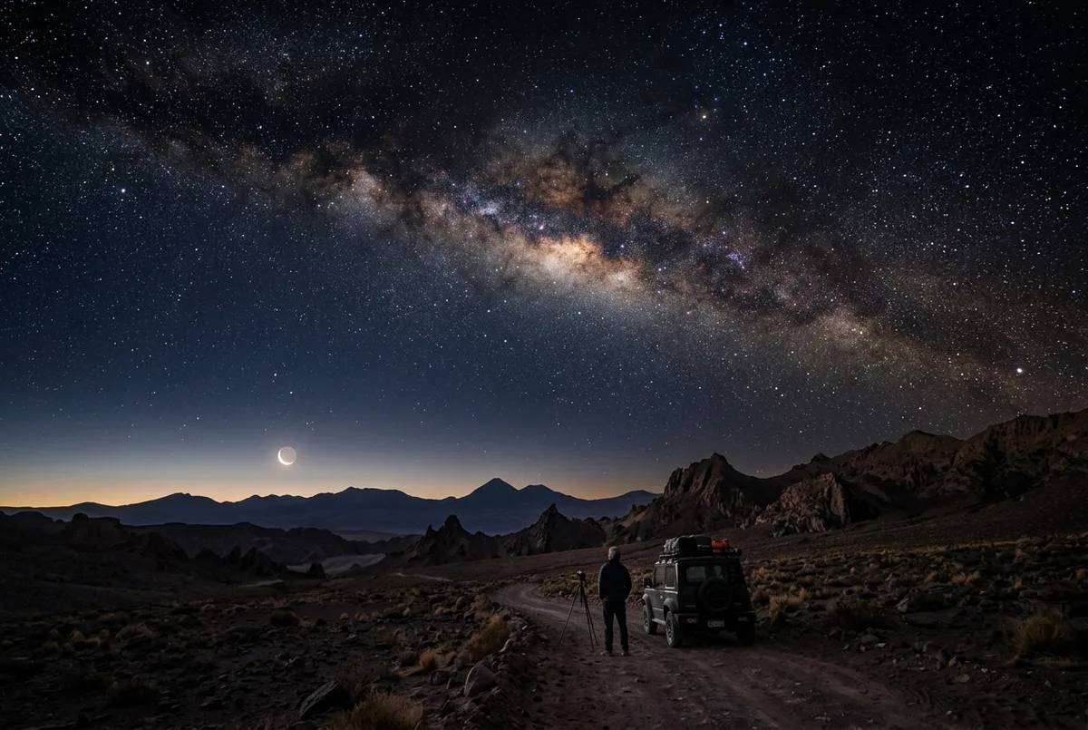 Wide shot of the dark Atacama desert sky with a thin crescent moon low on the horizon and a dense band of stars overhead, best time to stargaze scene