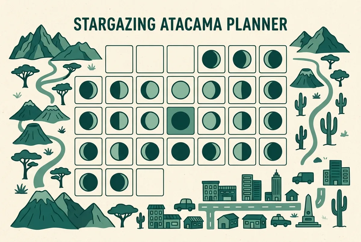 Simple calendar style infographic with moon phase icons across a monthly grid and a highlighted new moon date, flat design, generic labels only, best time to stargaze atacama planning