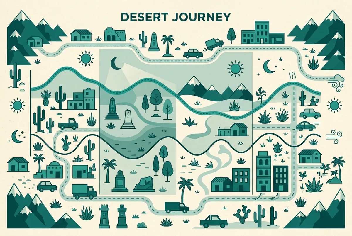 Simple infographic showing a stylized temperature chart with a high daytime line and a low nighttime line running across months, flat design, generic labels only, Atacama desert weather by season chart