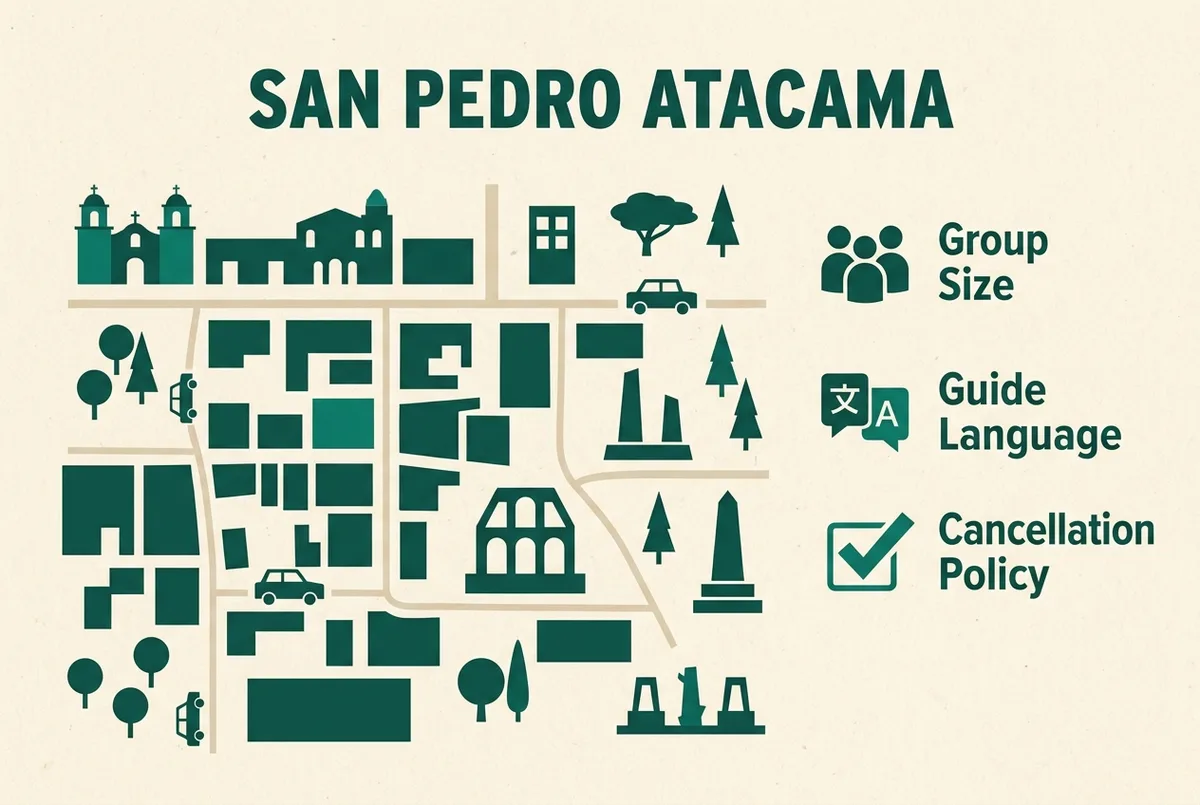 Simple infographic style checklist graphic showing icons for group size, guide language and cancellation policy next to a checkmark, flat design, generic labels only, tour operator San Pedro de Atacama booking checklist