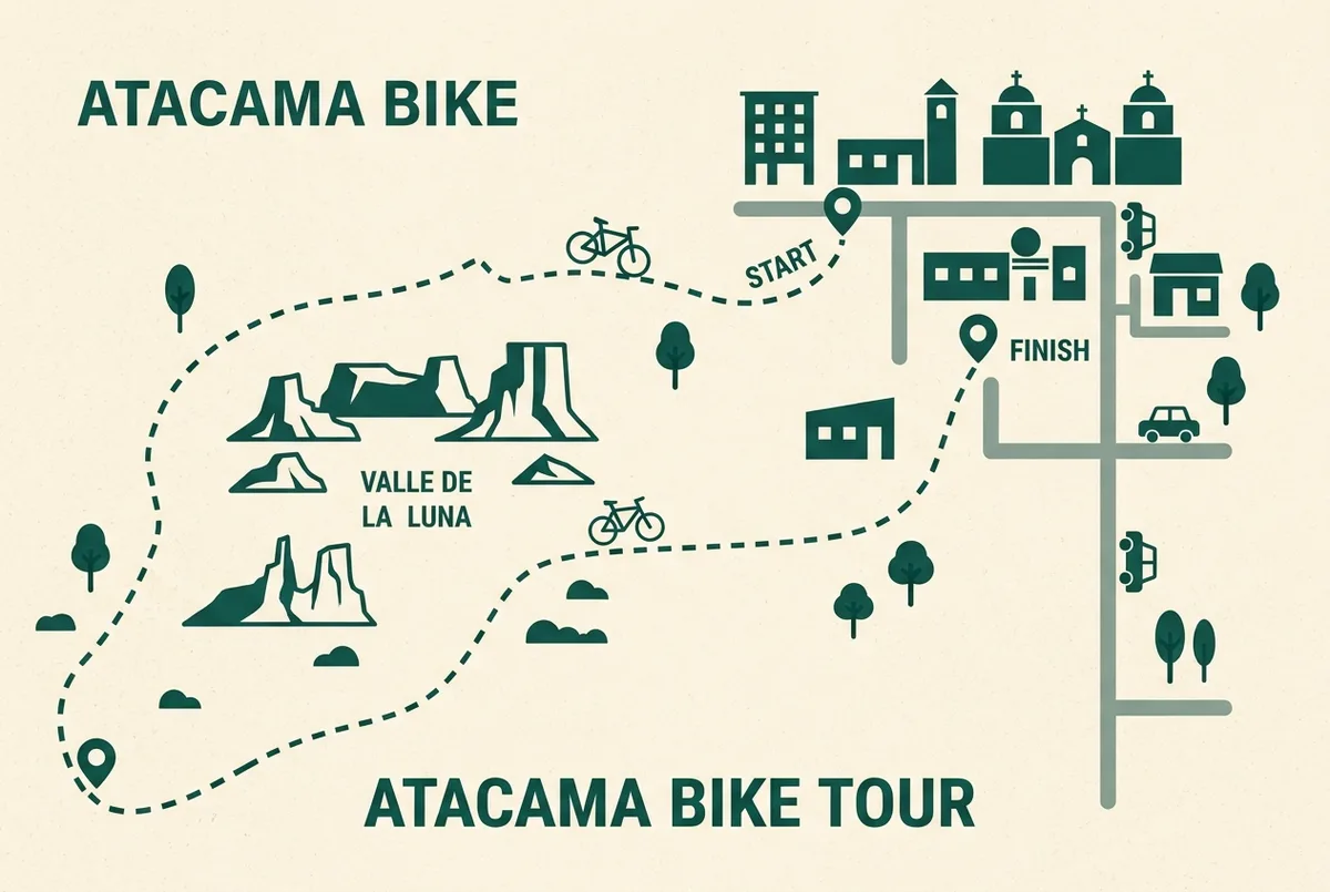 Simple route map graphic showing a dashed bike trail winding past Valle de la Luna's salt formations with a start and finish point marked near San Pedro de Atacama, flat design, generic labels only, bike tour san pedro de atacama route overview