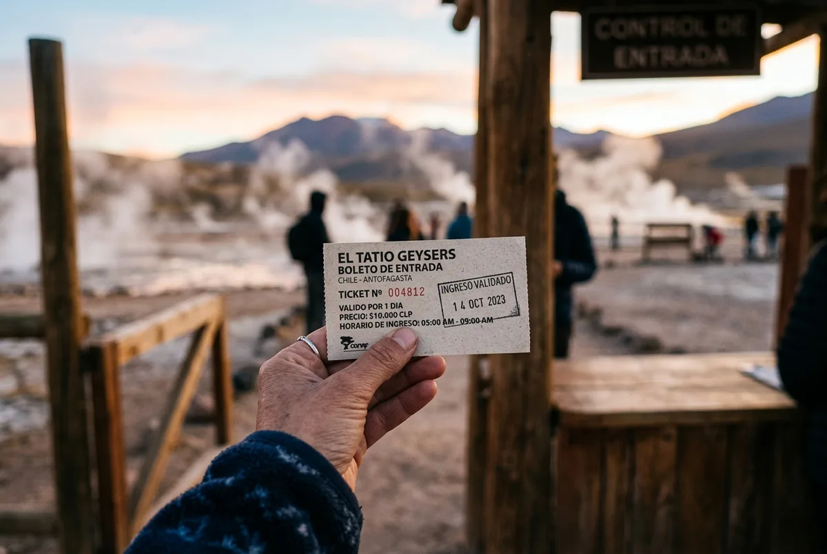 Close up of a hand holding a paper park entrance ticket at a highland geyser field visitor checkpoint, steam rising softly in the background, el tatio geysers tickets scene