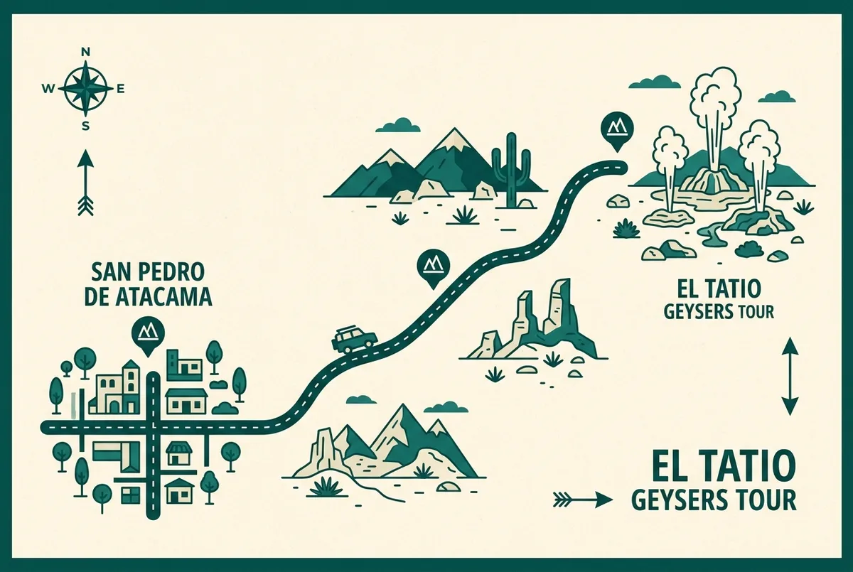 Simple infographic map showing the drive route from San Pedro de Atacama up to the El Tatio geyser field with altitude markers at the town, midpoint and geyser field, flat design, generic labels only, el tatio geysers tour route and altitude map
