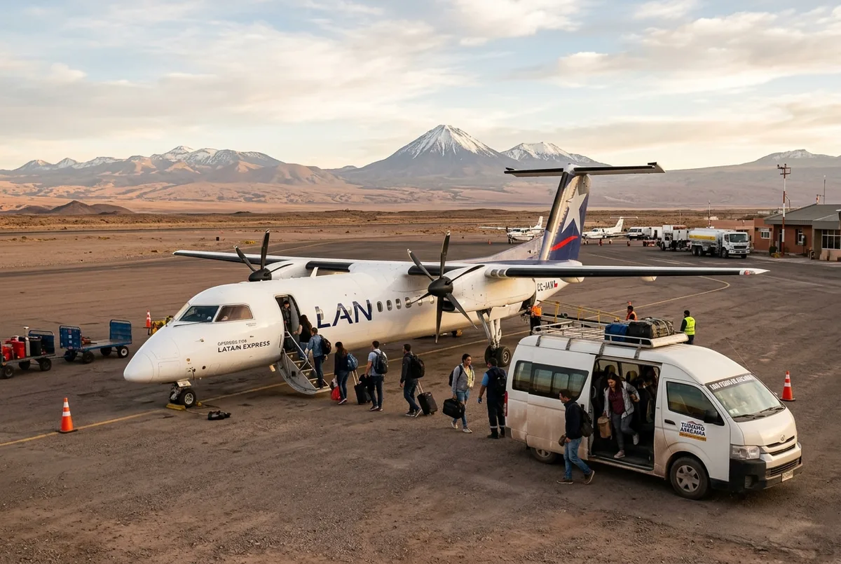 Small regional airplane parked on a desert airport tarmac near Calama with a dusty transfer van waiting beside it and a snow capped volcano on the horizon, how to get to San Pedro de Atacama scene