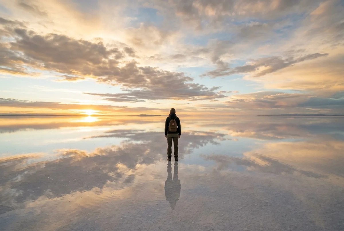 Traveler standing alone on the vast white Uyuni salt flat with a thin layer of water creating a mirror reflection of the sky, is the uyuni tour worth it scene