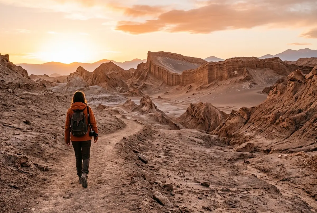Traveler with a small daypack walking toward the eroded rock formations of Valle de la Luna at golden hour, one day in San Pedro de Atacama scene