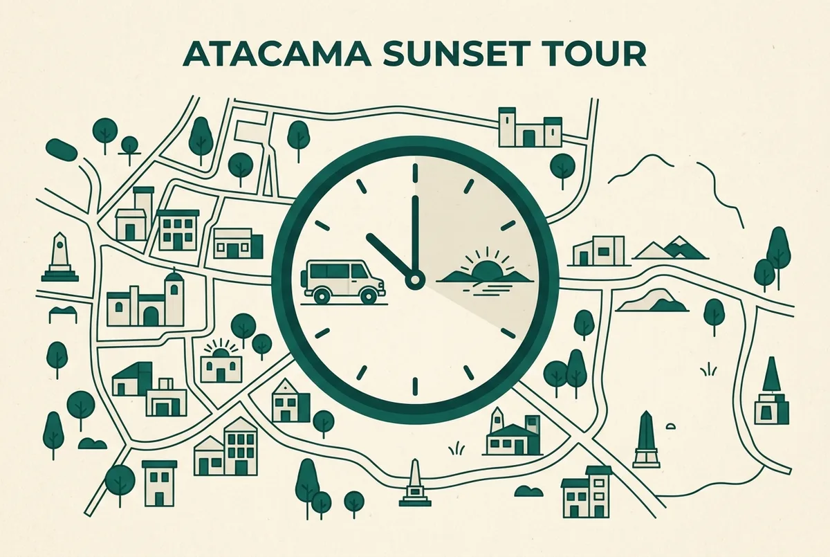 Simple infographic style clock face graphic marking a mid-afternoon pickup time and a sunset viewpoint icon, flat design, generic labels only, one day in San Pedro de Atacama sunset tour timing