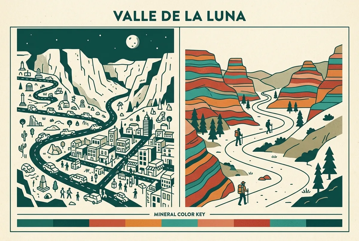 Simple side-by-side infographic comparing a busy Moon Valley icon against a quiet Rainbow Valley trail icon, with a mineral color key showing copper and iron bands, flat design, generic labels only, rainbow valley tour atacama versus moon valley comparison