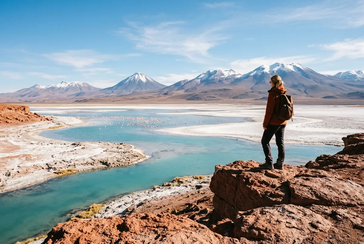 Traveler standing at a red rock viewpoint over Piedras Rojas salt flat with pink flamingos wading in a turquoise altiplanic lagoon in the distance, Andean volcanoes under a bright blue sky, salar de atacama tour scene