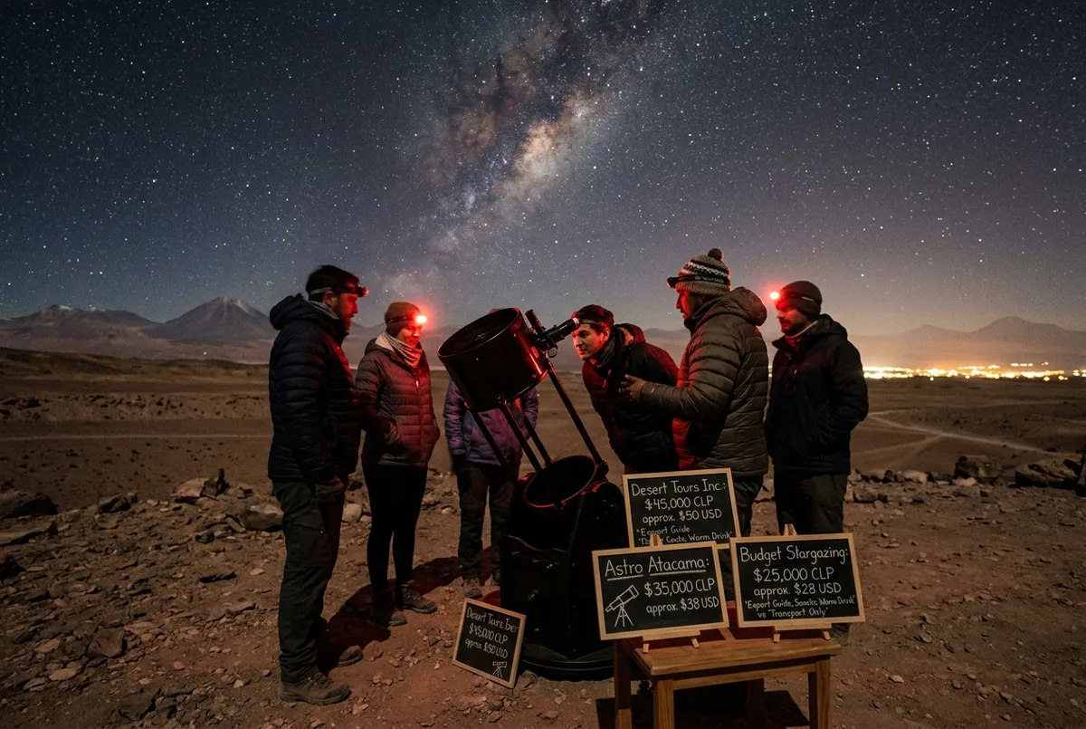 Small group gathered around a telescope at a dark desert viewing site at night with price comparison concept, atacama stargazing tour cost scene