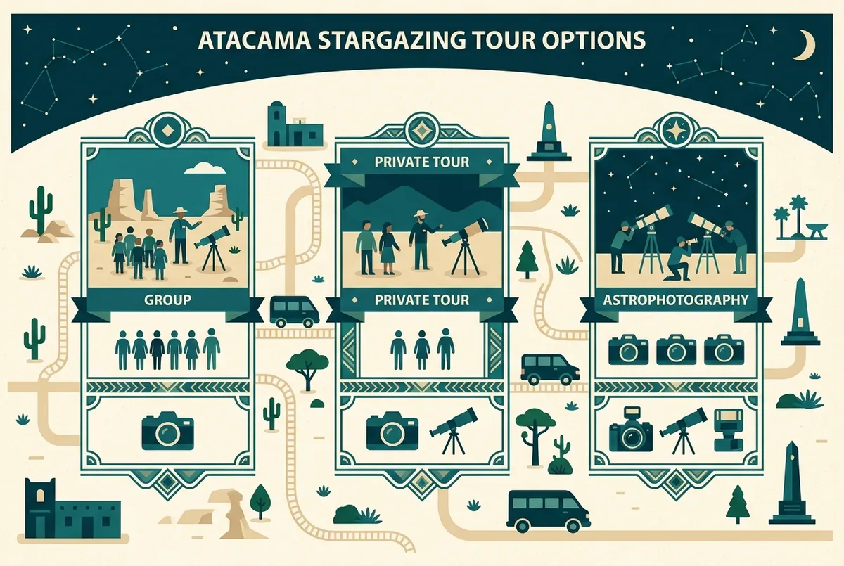 Simple price comparison infographic showing three tour tiers, standard, private, and astrophotography, with icons for group size and camera equipment, flat design, generic labels only, atacama stargazing tour cost comparison