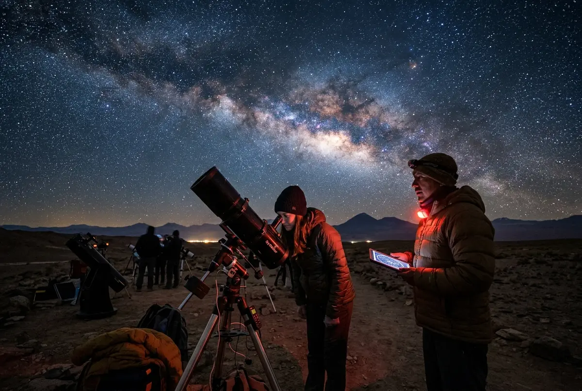 Traveler looking through a telescope under a dense Milky Way above the Atacama desert, guide standing nearby, deep blue night sky, atacama desert star gazing scene