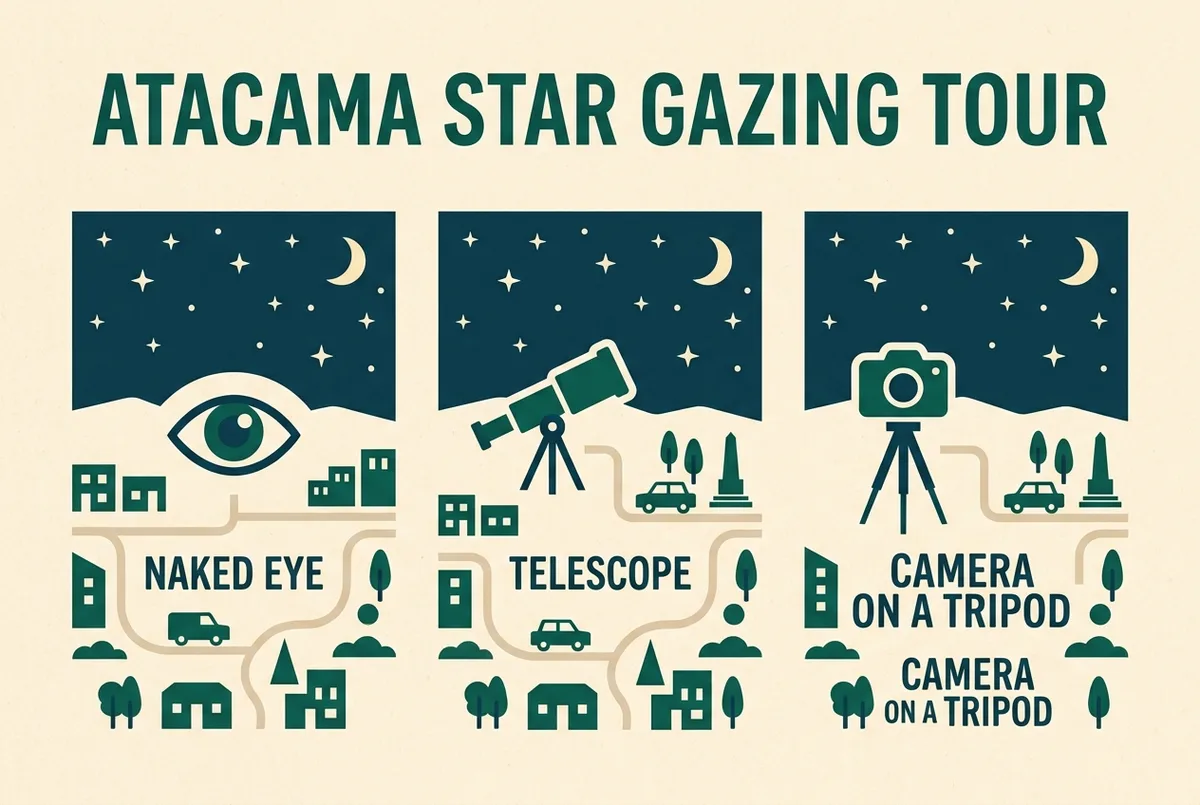 Simple infographic comparing a naked eye icon, a telescope icon, and a camera on a tripod icon against a starry desert sky, flat design, generic labels only, atacama star gazing tour comparison
