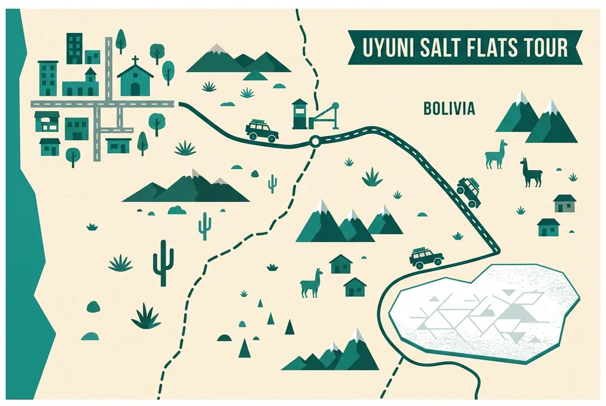 Simple map style graphic showing a route line from San Pedro de Atacama across a border icon into Bolivia, ending at a wide white salt flat icon, flat design, generic labels only, uyuni salt flats tour route map