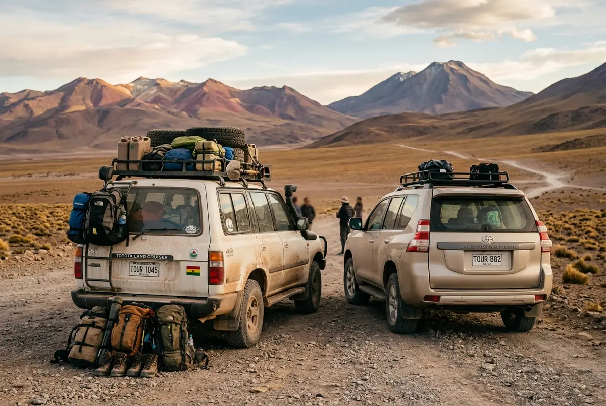 Dos todoterrenos estacionados uno junto a otro en el altiplano fronterizo, comparación visual entre el tour uyuni 3 dias desde san pedro ida y vuelta y la excursion corta de 1 dia