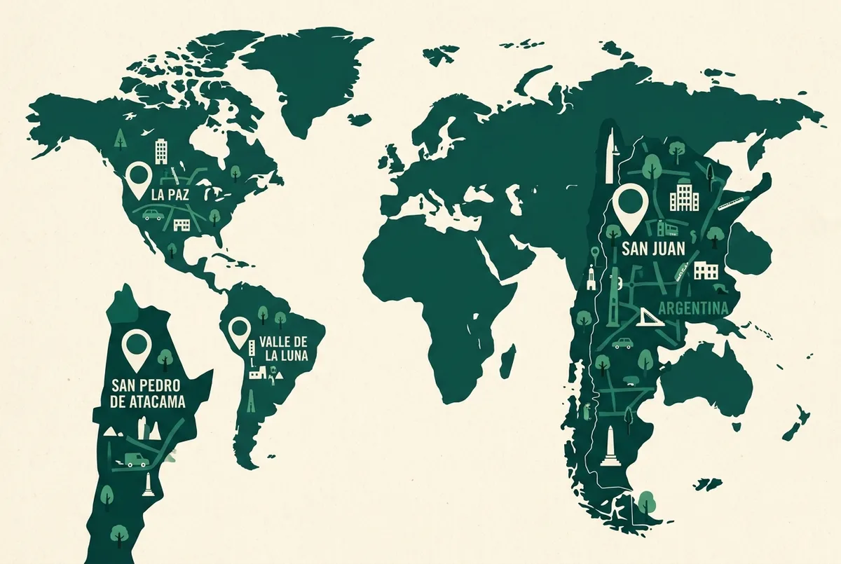 Simple world map style graphic marking three separate pins labeled near La Paz Bolivia, San Juan Argentina, and San Pedro de Atacama Chile, flat design, generic labels only, valle de la luna bolivia chile argentina locations