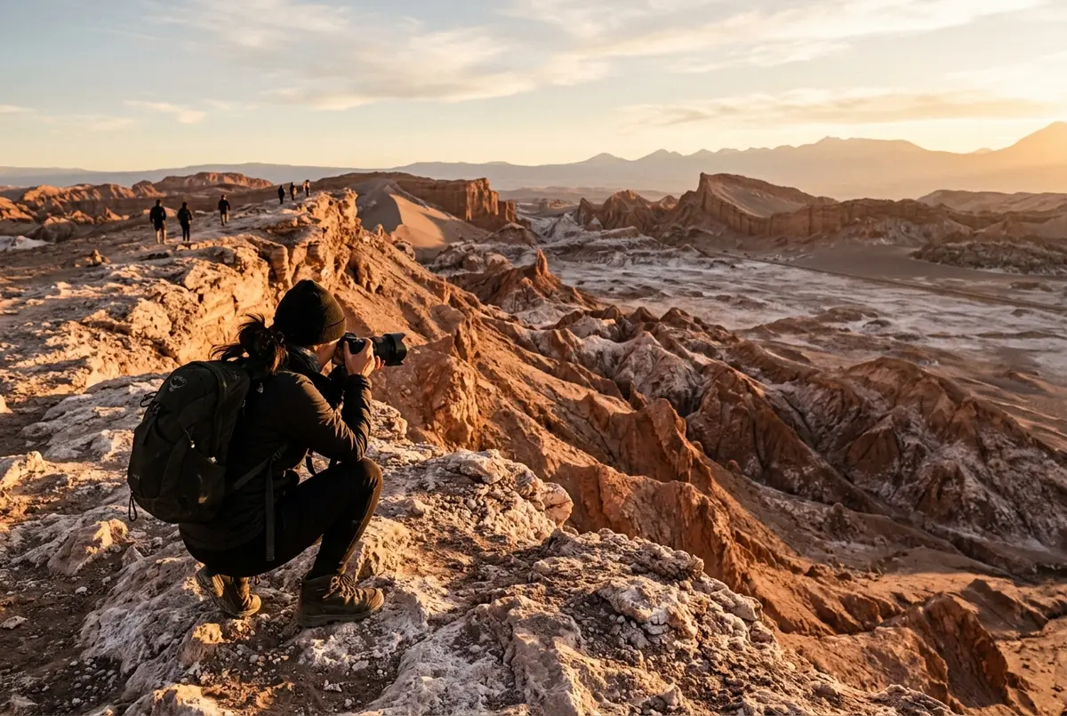 Photographer crouched low with a camera at a salt rock viewpoint in Valle de la Luna, warm late afternoon light raking across wind carved formations, best valle de la luna photo spots scene