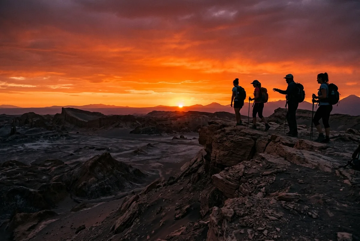 Small tour group silhouetted against a deep orange and red sunset sky over the Cordillera de la Sal rock formations, valle de la luna sunset tour scene