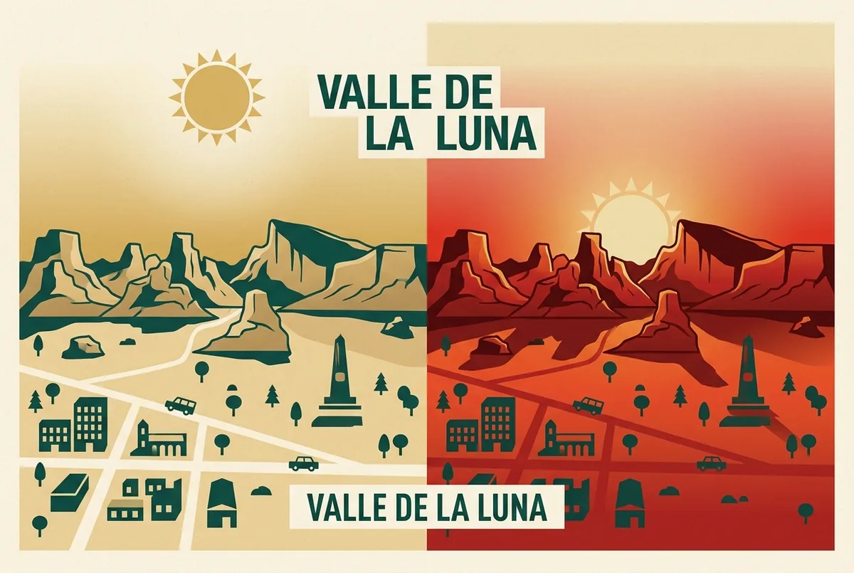 Simple diagram showing the sun's angle at midday versus sunset over Valle de la Luna rock formations with color gradient from pale gold to deep red, flat design, generic labels only, valle de la luna sunset tour light comparison