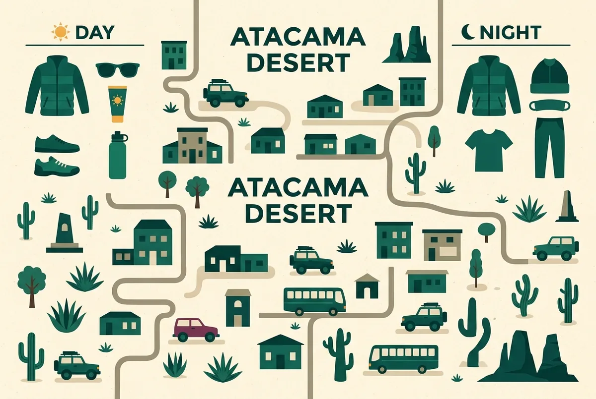 Simple packing-list infographic with icons for a warm jacket, sunglasses, sunscreen, closed shoes and a reusable water bottle grouped under day and night columns, flat design, generic labels only, Atacama desert packing list graphic