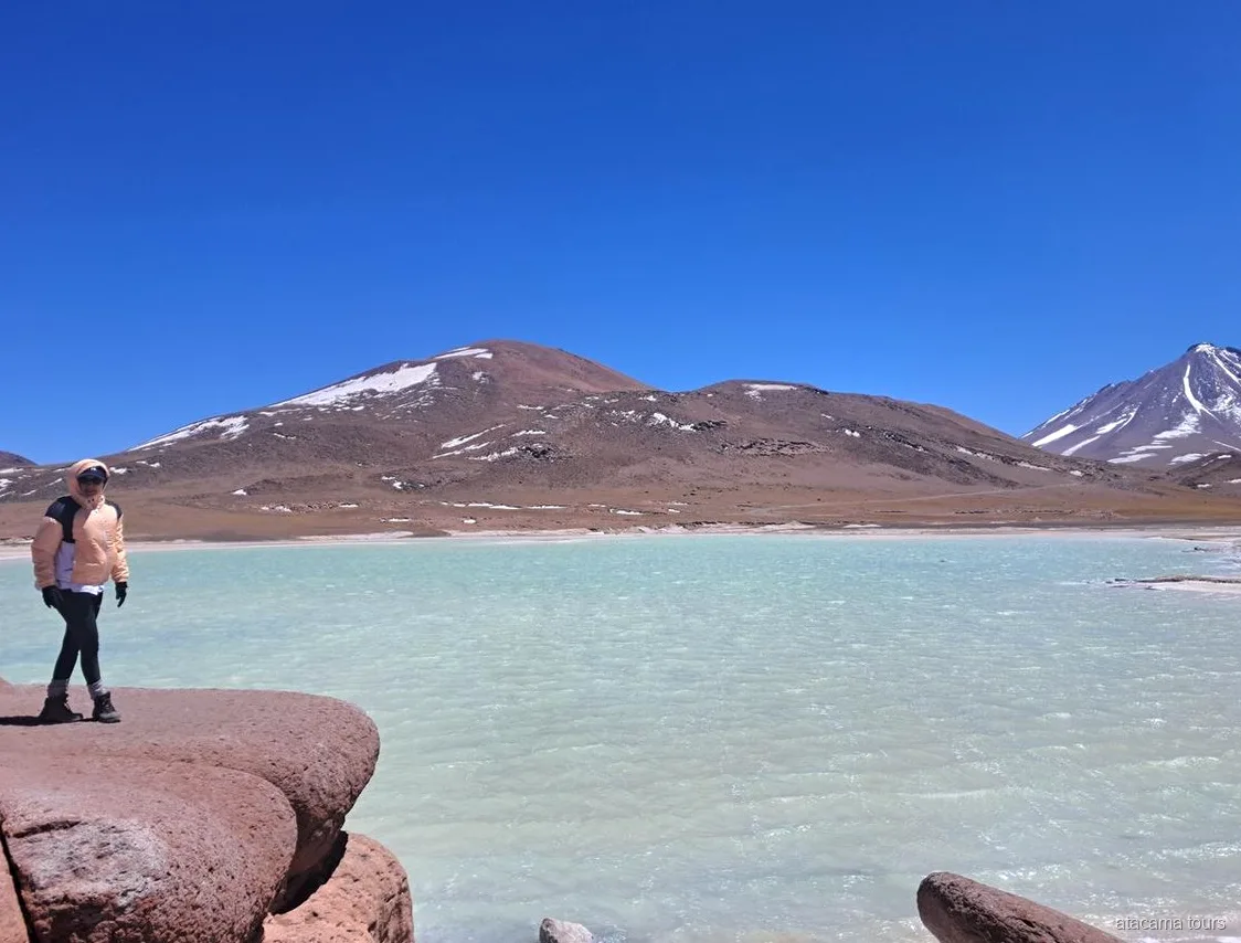 Tour nel deserto di Atacama a Piedras Rojas, visitatore sulle rocce rosse accanto a una laguna turchese