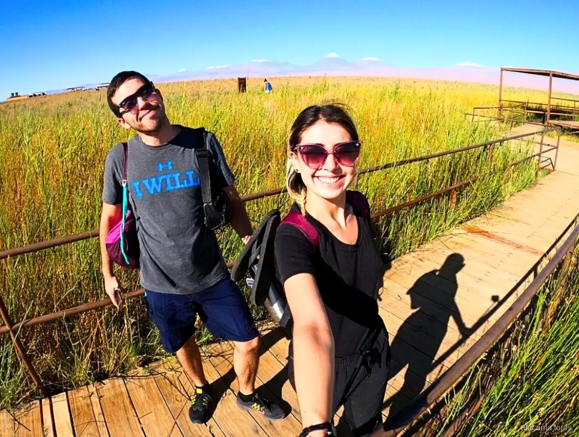 Couple en excursion dans l'Atacama, selfie sur une passerelle en bois entre hautes herbes, volcans au loin